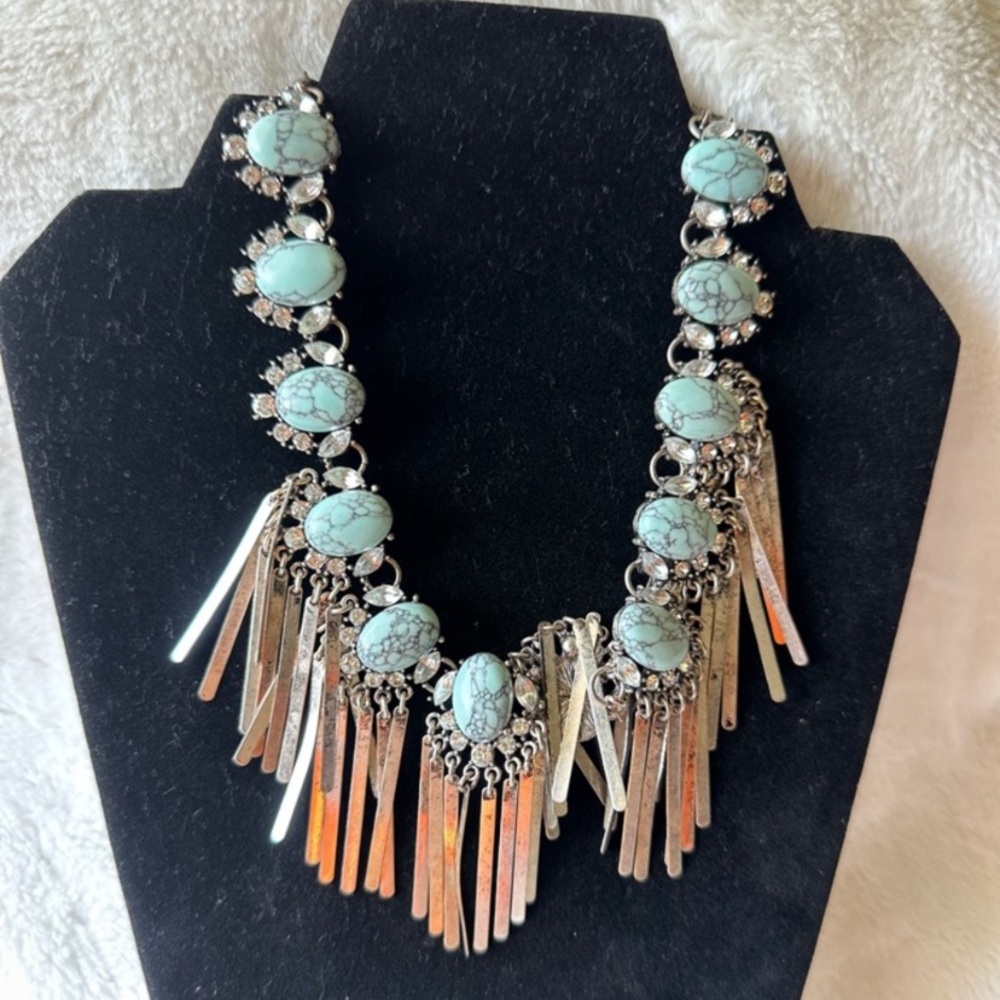Silver-Tone Turquoise Fringe Statement Necklace -